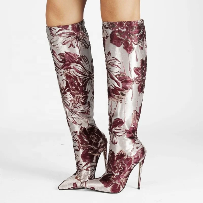 

Embroidery Flower Pint Women Pointy Toe Knee High Boots Plush Lining Winter High Heel Calf Short Boots Shoes Big Size 47, Blue wine red