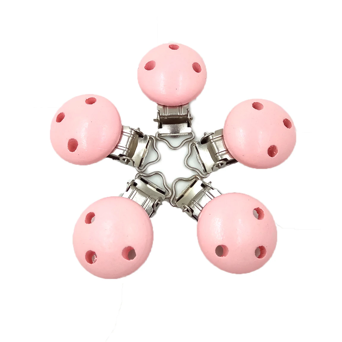 

30mm Three Holes Natural Wooden Plain Round Baby Teething Pacifier Metal Clip, As picture show