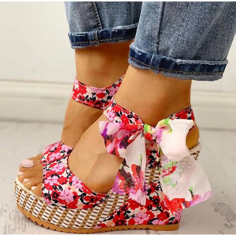 

Women Summer Wedge Sandals Female Floral Platform High Heel Sandals Fashion Ankle Strap Ladies Shoes