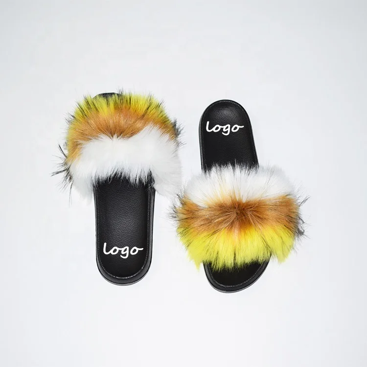 

New Arrivals Woman Fur Slippers Big Fluffy Furry Slides Raccoon Fox Fur Sandals