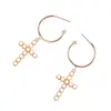 Free Shipping Online Wholesale Fancy European Gold Plated Cross Shape Imitation Pearl Hoop Long Drop Earrings for Women