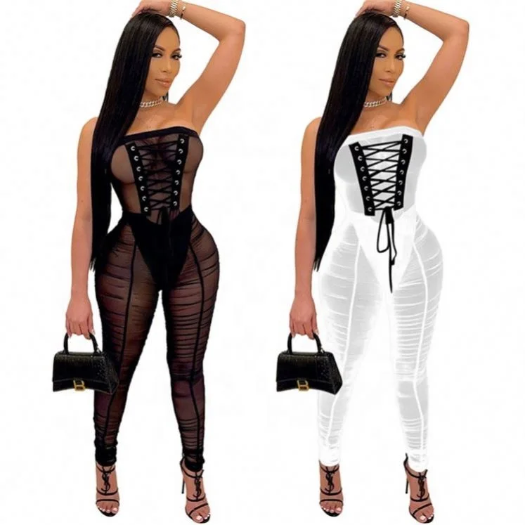 

Trendy women's clothing strapless see through mesh bandage jumpsuit 2021 womens jumpsuits sexy, Picture shown