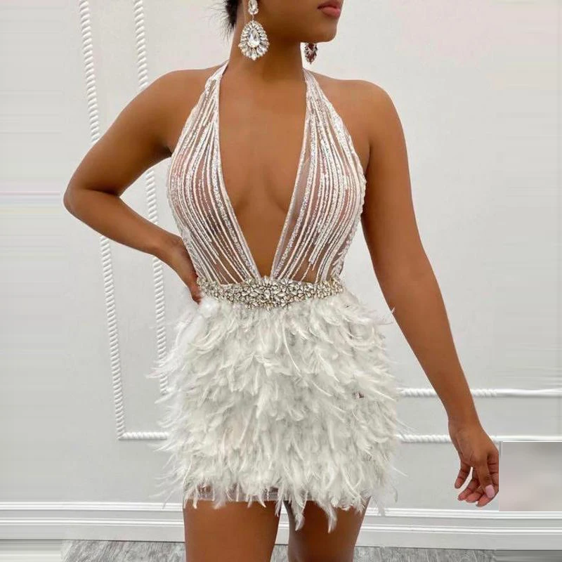 

Sexy Temptation Tassel Hanging Deep V Neck Perspective Crystal party dress White Feather Sequins Hip Mini Performance wear