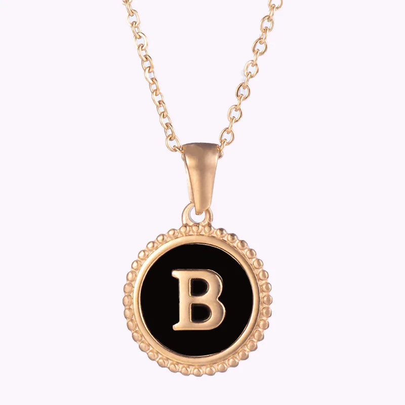 

Wholesale gold plated long chains round 26 alphabet letter pendant titanium steel shell initials charm necklace jewellery, Picture shows