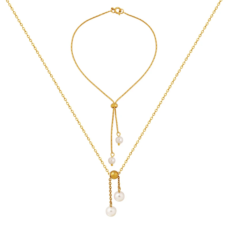Lovely Imitation Pearl Pull Chain Freely Adjustable Length Necklace Bracelet Jewelry Sets