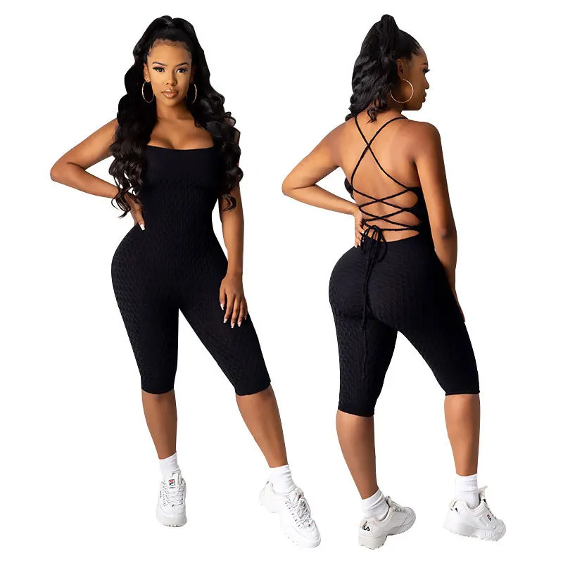 

21201-MX10 bandage short yoga wear women one piece jumpsuits 2021 sehe fashion
