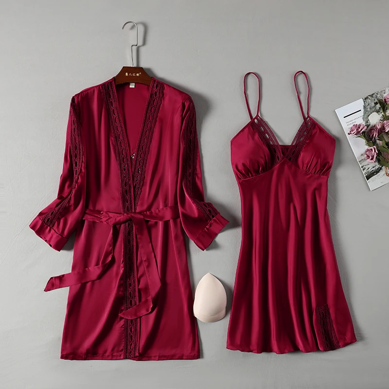

Manufacturer ladies night dress sleepwear pajama sets sleepwear silk loungewear bulk bathrobes satin nightdress sleepwear set, Black,pink,wine red,caramel