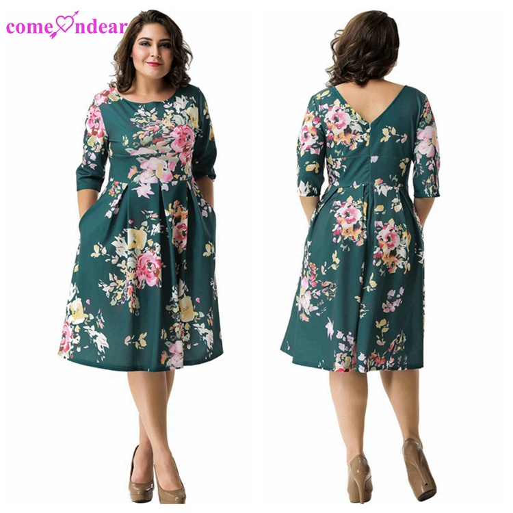 

Wholesale green korean plus size flower girls' dresses printed fashion lady floral plus size woman clothe dress