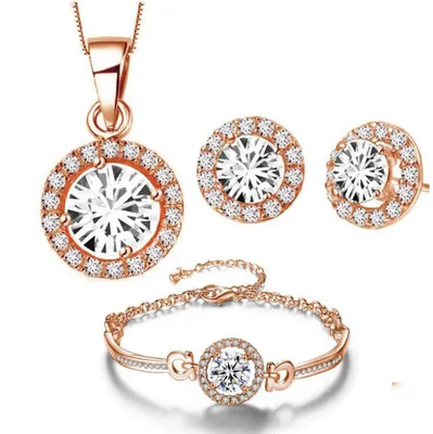 

Top Quality Exquisite Round Pendant Necklace Earring Bracelets Jewelry Crystal Wedding Jewelry Set for Women, Picture shows