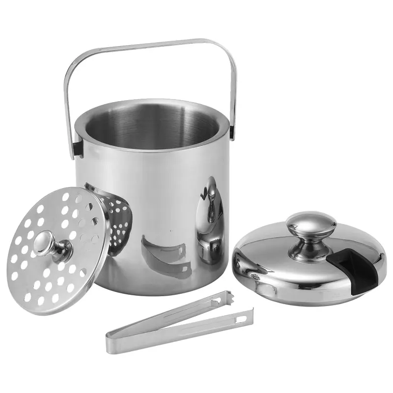 

Factory SS304 Stainless Steel 1.3L Ice Bucket With Lid And strainer Double Wall Cooler