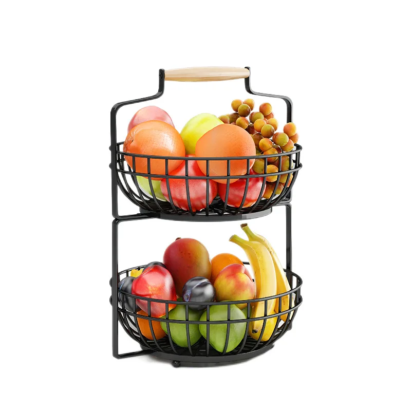 

Detachable Rotating Wire Metal Wrought Iron Hanging Flower Vegetable 2 Tier Fruit Basket Stand, Black