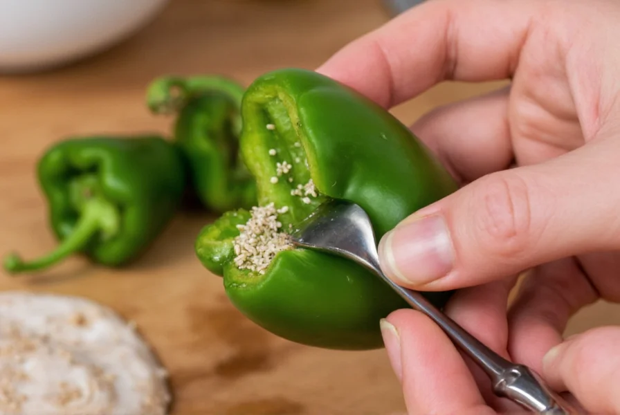 Close-up of hands extracting jalapeno seeds from fresh pepper using spoon