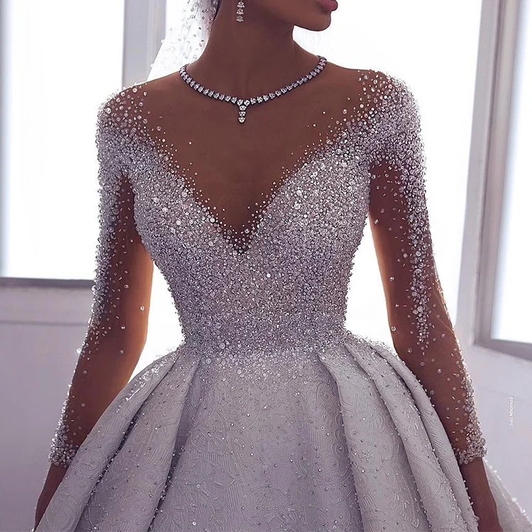 

Luweiya bling beautiful beaded luxurious ball gown wedding dress bridal gown casual dresses wedding bride party with long train