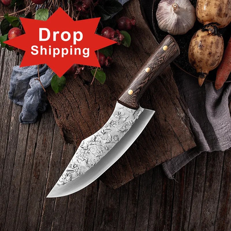 

8 inch wooden handle Stainless steel handmade forged customization logo Wholesale chopping meat kitchen multi-purpose knife, Silver