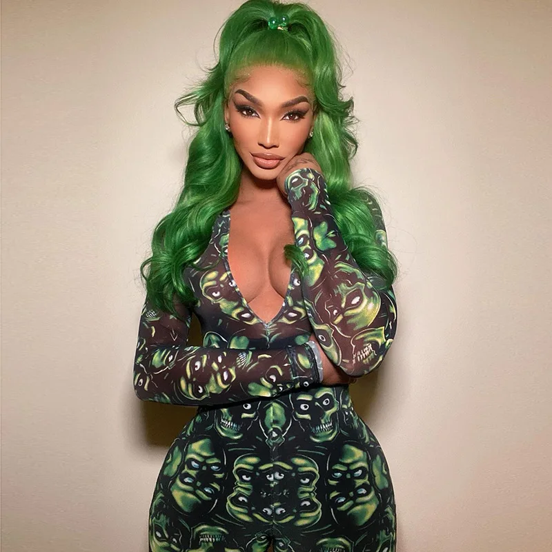 

Women Fall Fashion Bodycon Skeleton Print Long Sleeves Deep V Neck See Through Sexy Jumpsuit 2021 Party Club Y2K