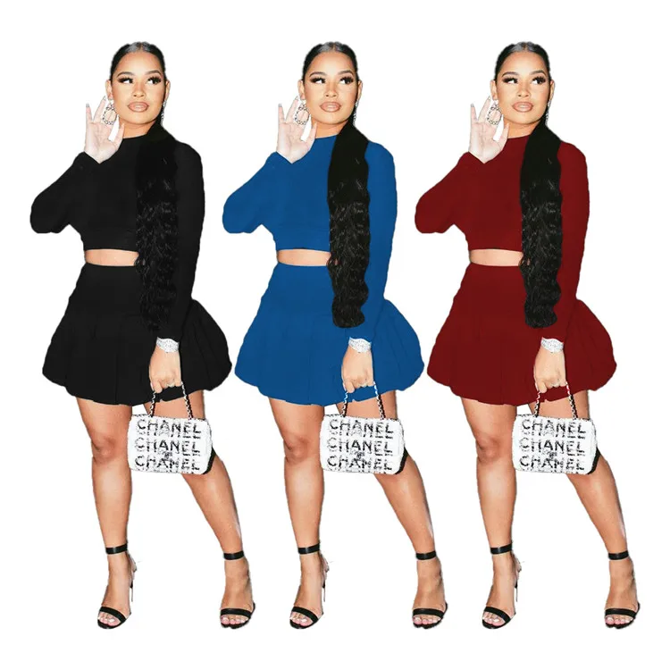 

Autumn Slim Blue Skirt 2 Pieces Set Long Sleeve Top High Waist A Line Pleated Skirt Suit Casual 2021 Soild Color Two-piece Sets, As picture