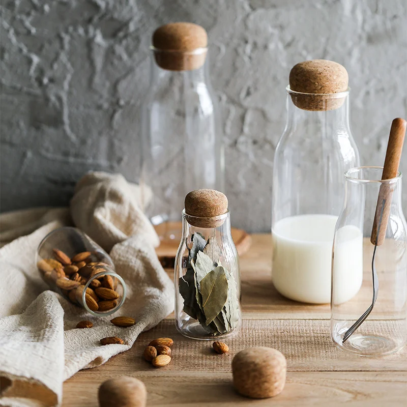 

Wholesale Kitchen Coffee Beans Container Empty Spice Clear Glass Seal Storage Bottles & Jars With Cork Lid 1122