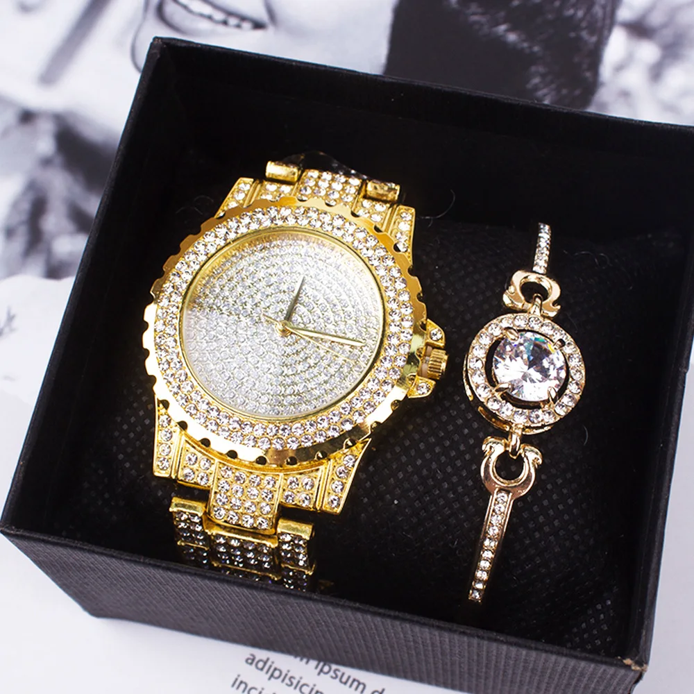 

2020 Diamond women watches Bring Bracelet 2pcs/set Wrist Watch For girls women Luxury Casual Quartz Watches Gifts jewelry sets