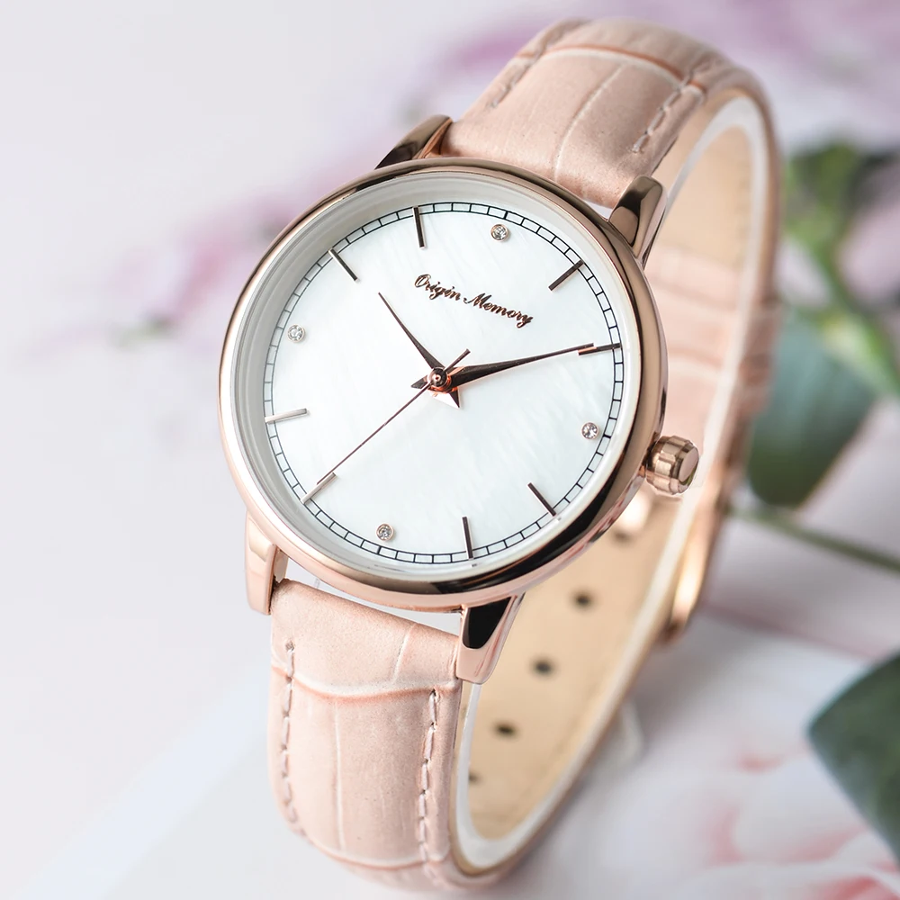 

Watch Women Waterproof Pink Cow Leather Strap Diamond Quartz Analog Small Round Private Label Luxury Women Automatic Watch