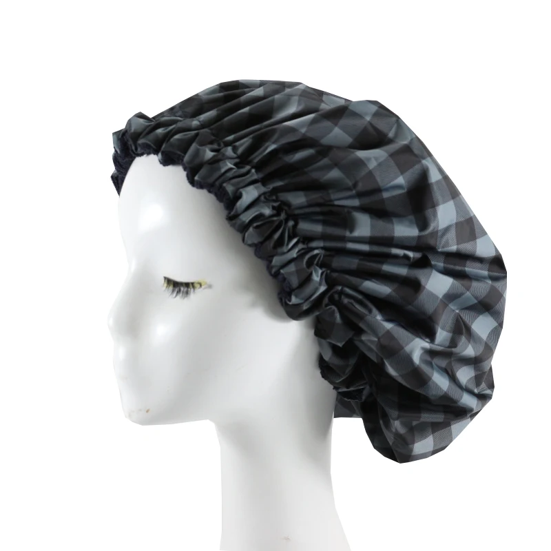 

HZM-19105 Extra Large Adjustable Double Layer Print Waterproof Hair Cap for Women Terry Lined Men Shower Cap