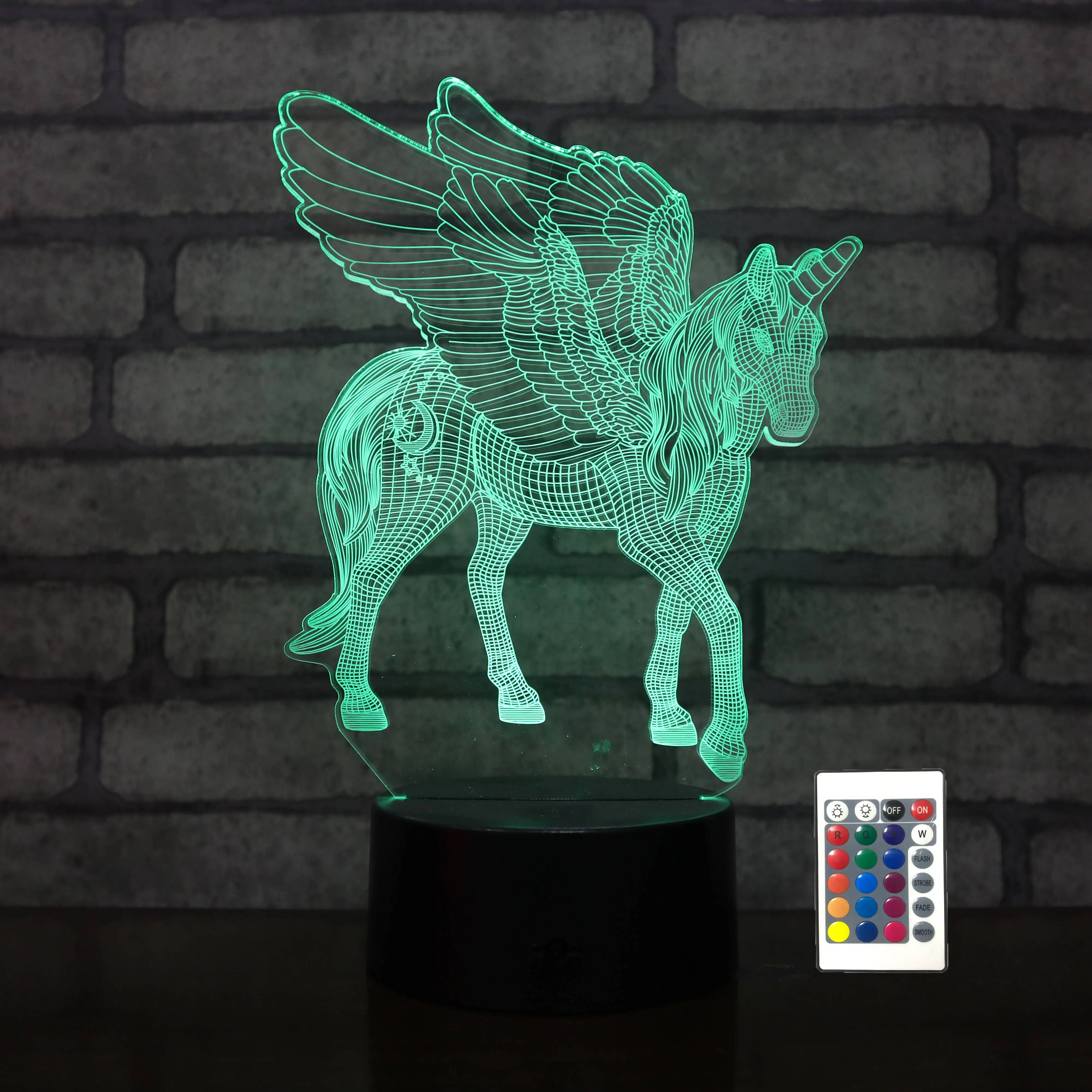 Unicorn with wing shape 3d led night light kids gift lamp remote control led hologram lamp ABS 3AA battery case gift lamp