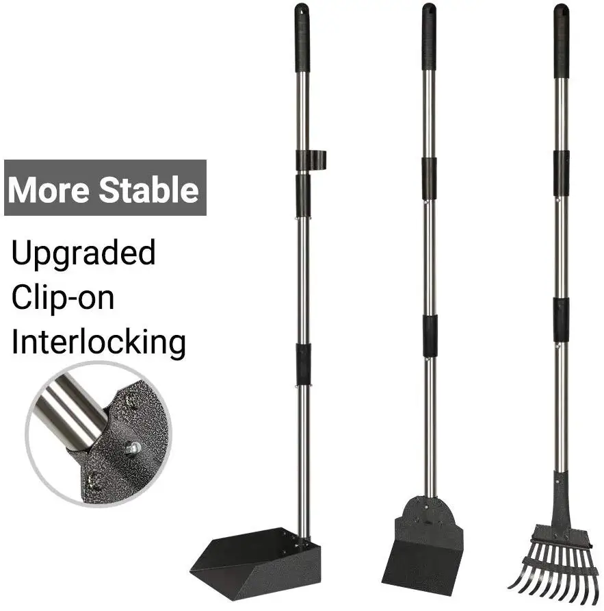 

Three-piece Set with Pet Poop Tray and Rake and Shovel Pet Waste Removal Scoop with Long Adjustable Sectional Stainless Handles