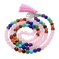 

7 Chakra Mala Prayer Rosary Beads 108 Meditation Healing Multilayer Tree of Life Tassel Charm Rose Quartz Bracelet Necklace