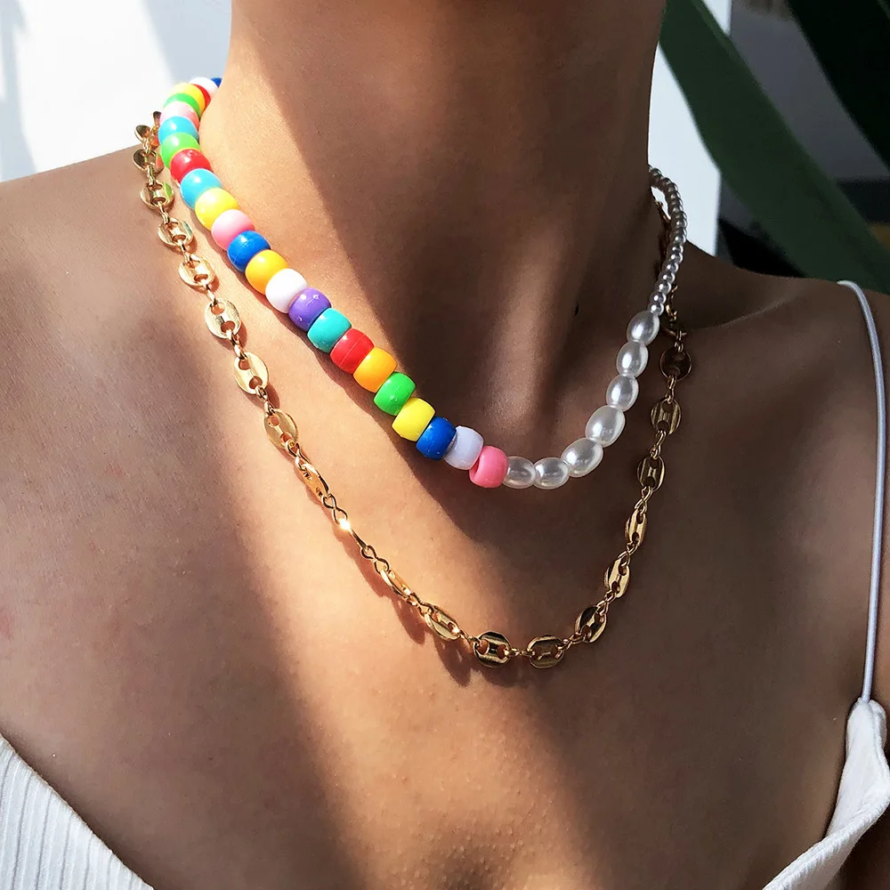 

Summer Beach Colorful Beads Charm Necklace Double Layer Link Chain Beads Pearls Clavicle Chain Necklace, Picture shows