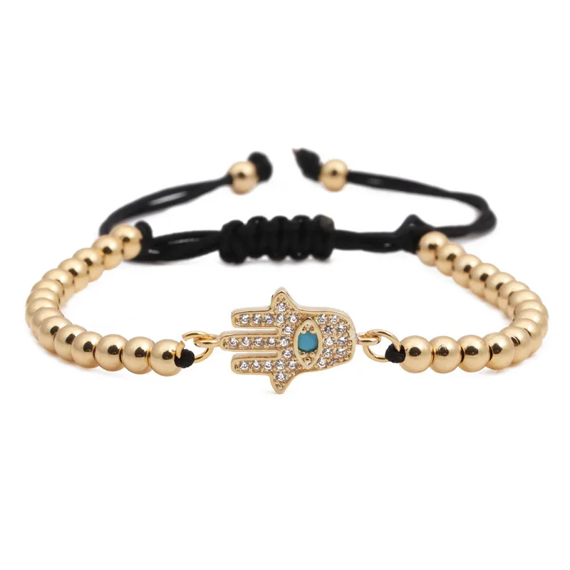 

European Vintage Retro Hand Braiding Adjustable 18K Gold Copper Bead Micro Inlay Zircon Hamsa Fatima Hand Bracelet