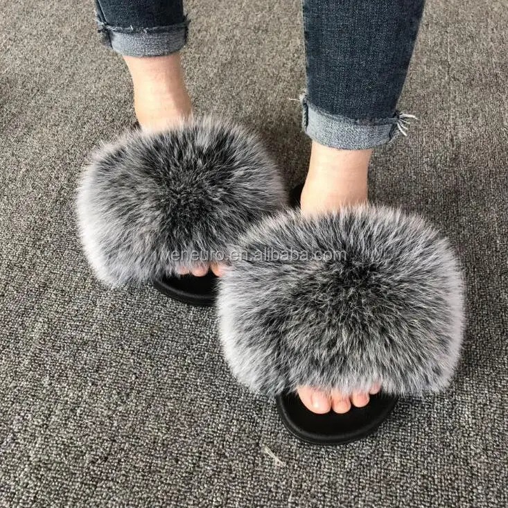 

Women Large Fur Slides Custom Extra Fluffy Full Fox Fur Slippers Natural Big Fur Slides, Customized color