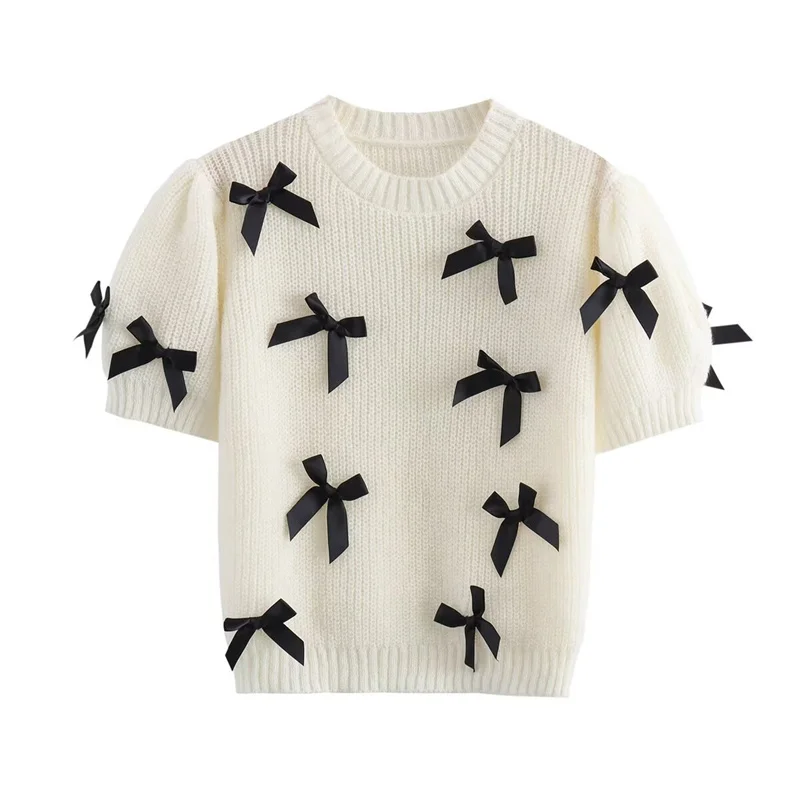 ZATRHMBM  Women's Sweater Top 2024 Summer New Casual Fashion Round Neck Short Sleeve Bow Knit Pullover Sweater Blouse