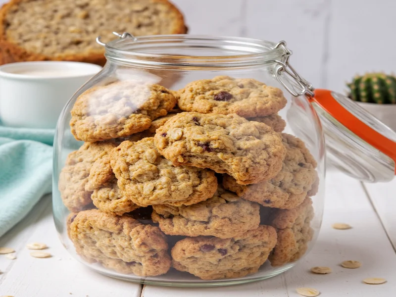 Oatmeal raisin cookies stored in glass jar with bread slice