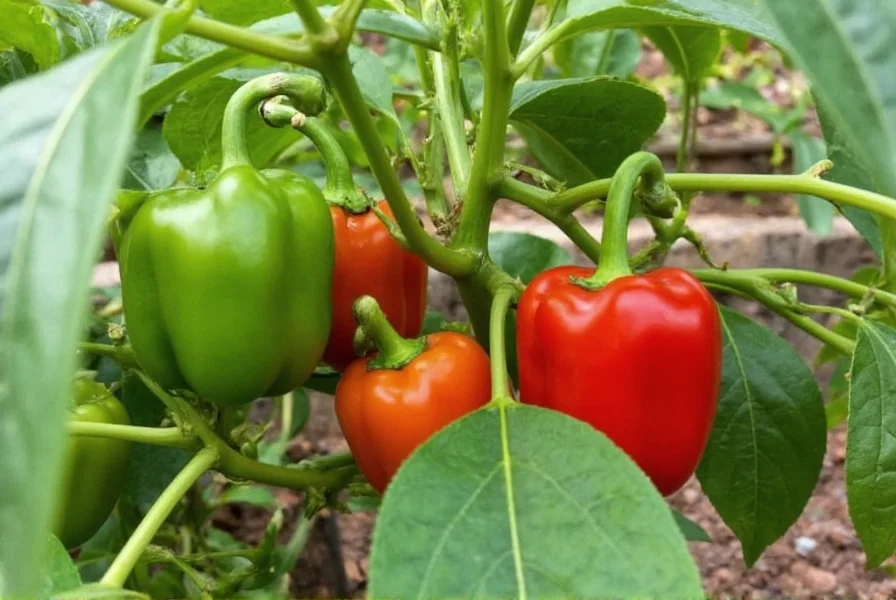 Pepper Rex bell peppers on plant showing various stages of ripeness from green to red