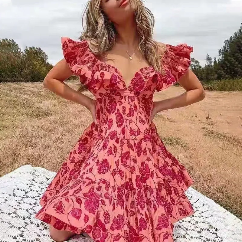 

2021 spring women's temperament sweet dress pink ruffled chiffon floral dress fluffy holiday beach dress, Red