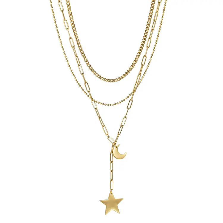 

Fashion Stainless Steel Star Moon Pendant Metal Chain Necklace For Women Multilayer Gold Necklace