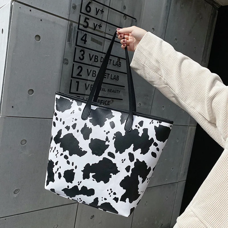 

2021 Custom fashion shopping bags Cow texture printed canvas tote bag Large handbags, Pics color