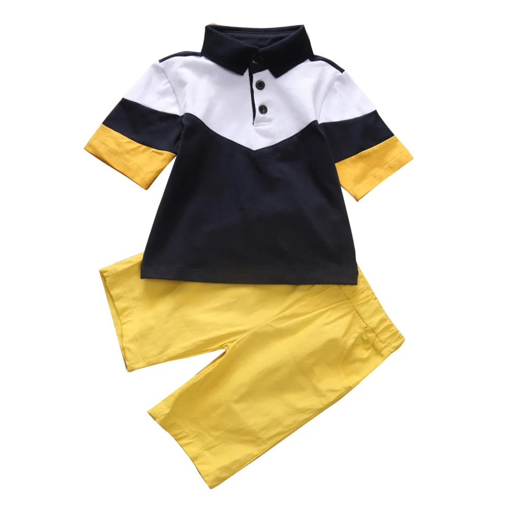 

Summer Boys Short Sleeve Lapel Color Matching Shirt With Yellow Pants Set