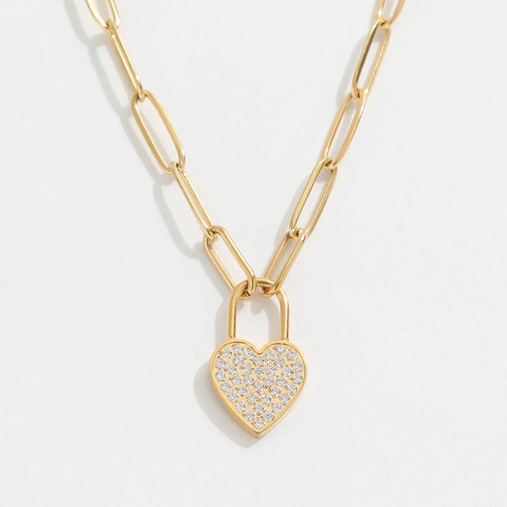 PVD 18K Gold Plated Zirconia Pave Heart Stainless Steel Pendant Necklace Luxury Party Necklace