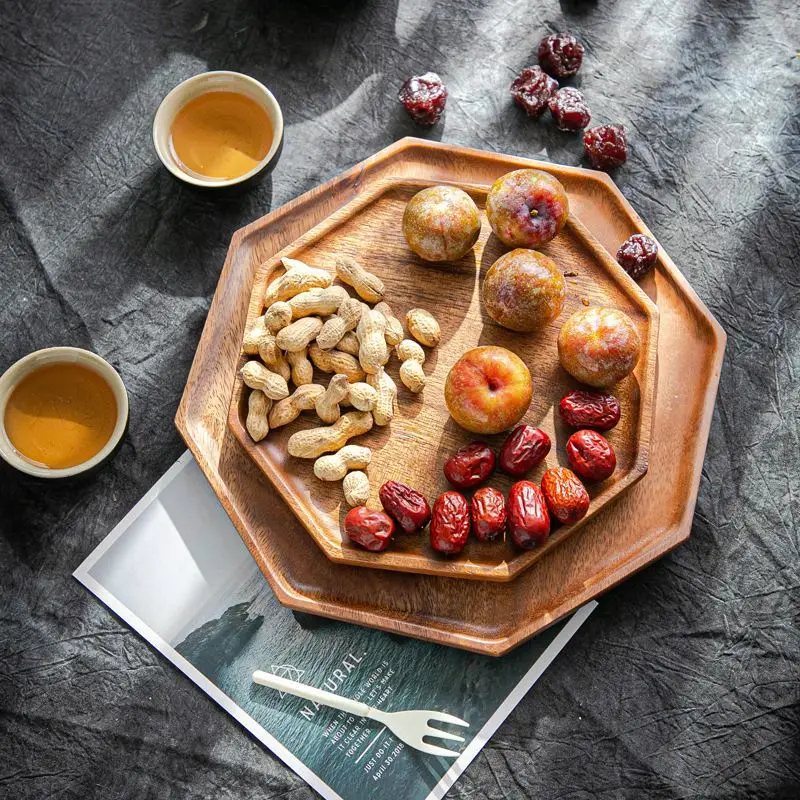 

Walnut octagonal wooden Trays dinner plate Serving Bread Plates for Fruit Salad Platter Vegetable Food Dish, Wood color
