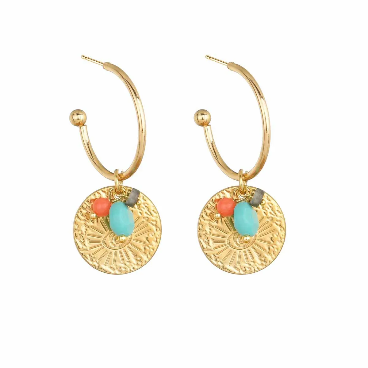 

European and American Fashion Stainless Steel 14K Gold Hoop Earrings Natural Turquoise Round Stone Eye Drop Earrings For Women