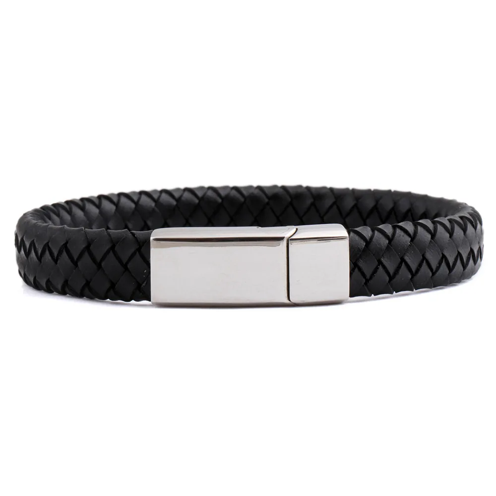 

Dylam No MOQ Beach Bracelet 20cm Stainless Steel Real Genuine Leather With Magnetic Clasp Braided Bracelets for Men Gift