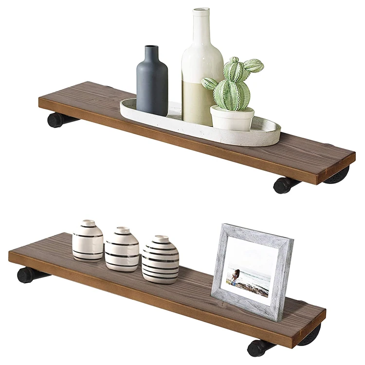 Set of 2 Rustic Wooden Industrial Pipe Metal and Wood Wall Shelf