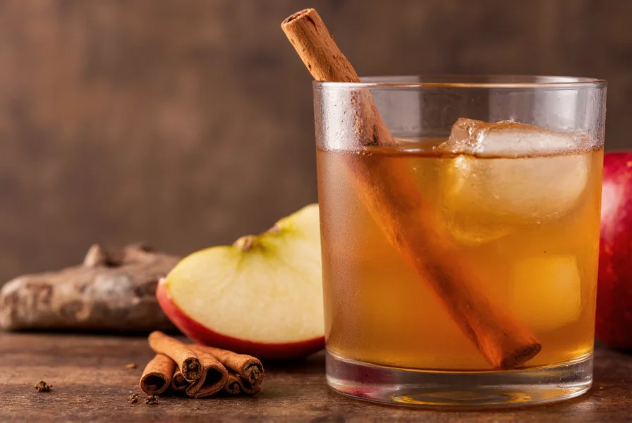 Cinnamon whisky cocktail in a rocks glass with cinnamon stick garnish beside apple slices