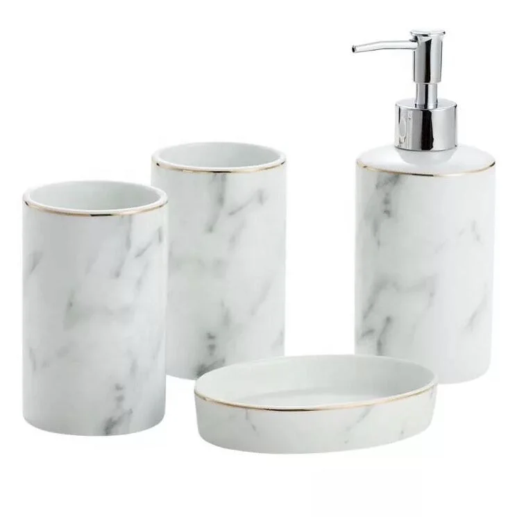 

Ceramic Bath White Marble Bathroom Accessories 4-piece Set Decor Gold Edge Hand Soap Dispenser Toothbrush Holder