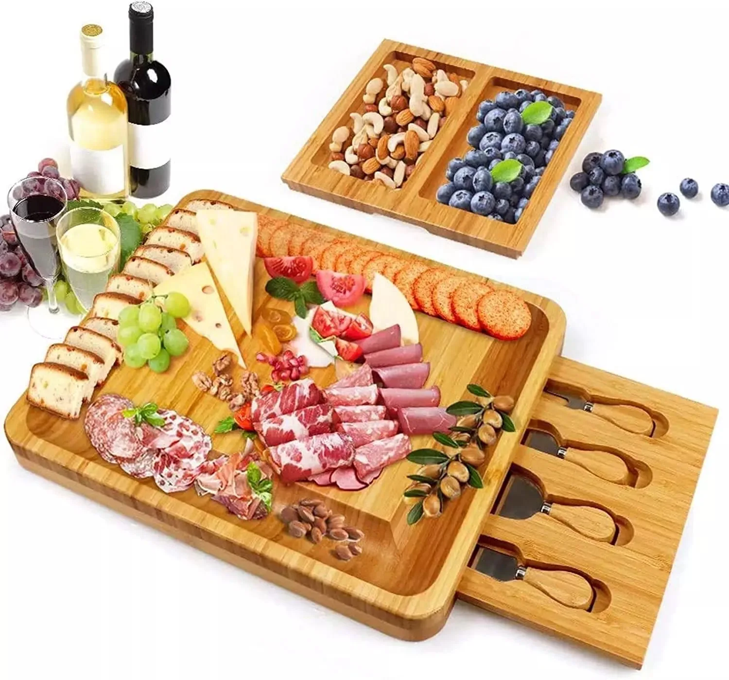 

Serving Tray Including 4 Stainless Steel Knife & Thick Wooden Server - Fancy House Warming Gift & Perfect Choice for Gourmets