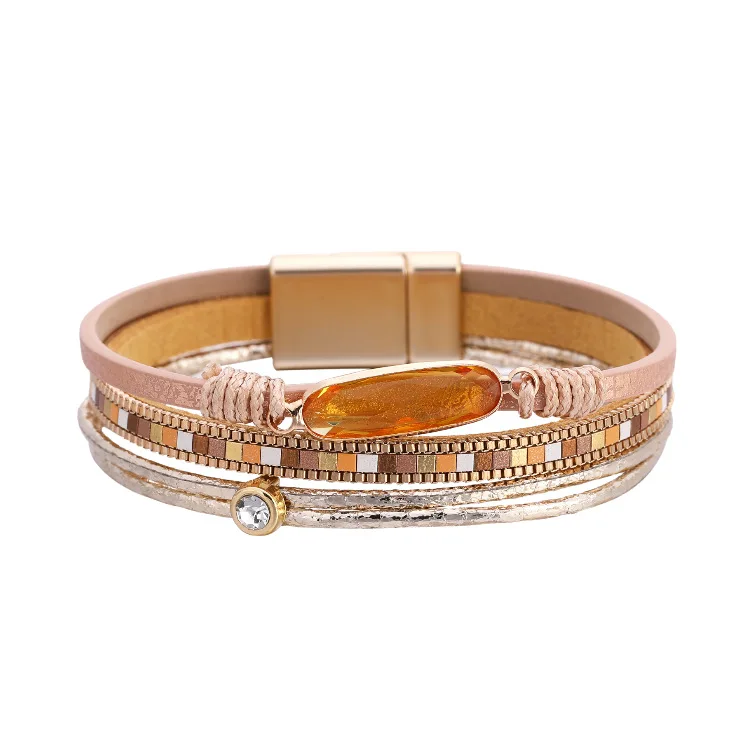 

Bohemia Ethnic Retro Colorful Leather Wrap Bracelets Braiding Gemstone Charm Multilayer Leather Bracelets Bangle