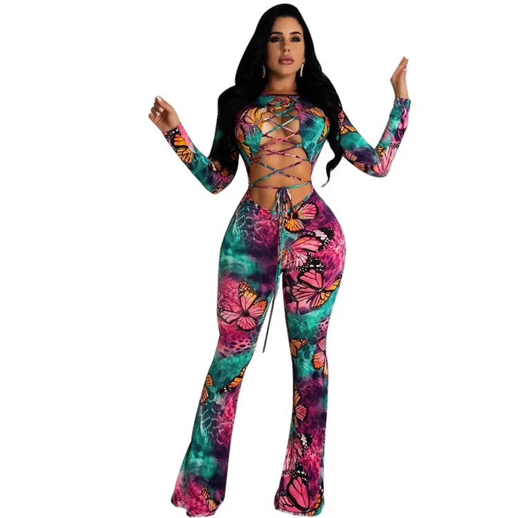0080314 Newest Sexy Hollow Out Fashion Print Bandage Bodycon Jumpsuit Lady Night Clubwear Women One Piece Jumpsuits And Rompers
