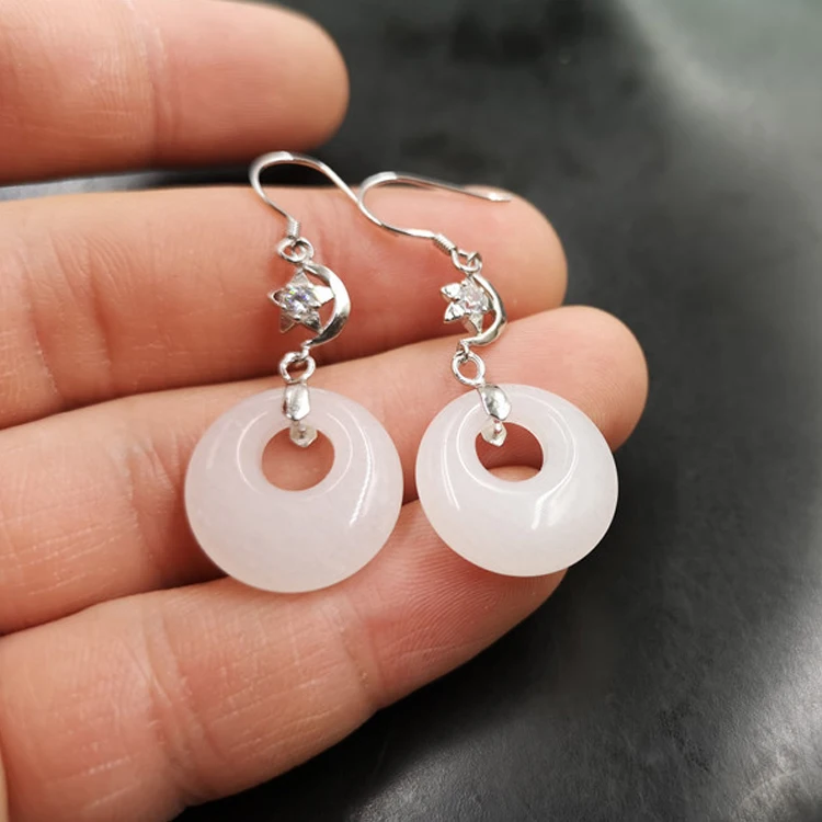 

Hot Sales Women Lucky Circle Round Earrings Silver 925 Sterling White Jade Hoop Earrings, Picture