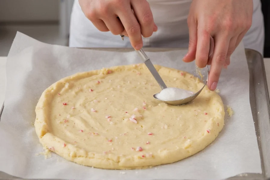 Professional baker measuring peppermint extract into cookie dough
