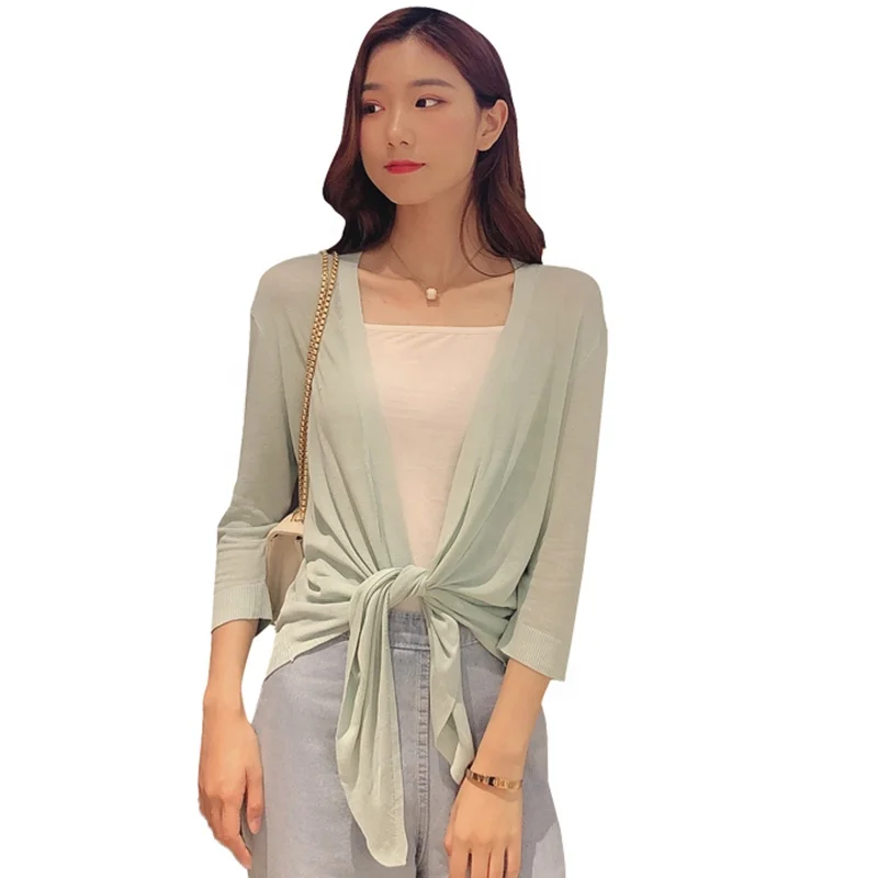 

2020 Fashion New Ice Silk Women Classic Open front Draped Outwear Basic Cover Up Front Tie Closure Sexy Tops Knitted Cardigan, 9 solid colors as shown